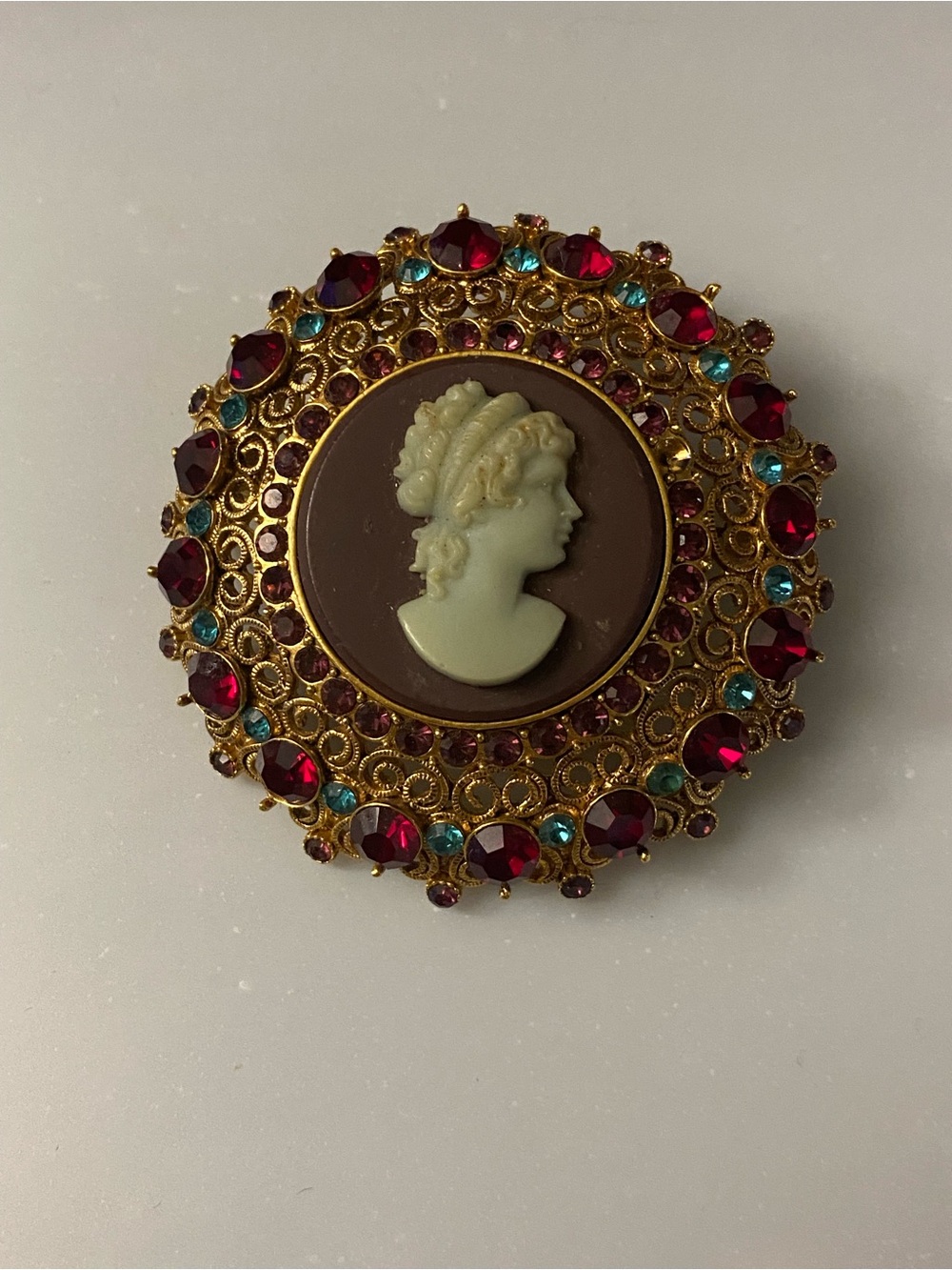 Vintage-Joan Rivers "China" Gold Cameo Brooch with Red and Teal Stones